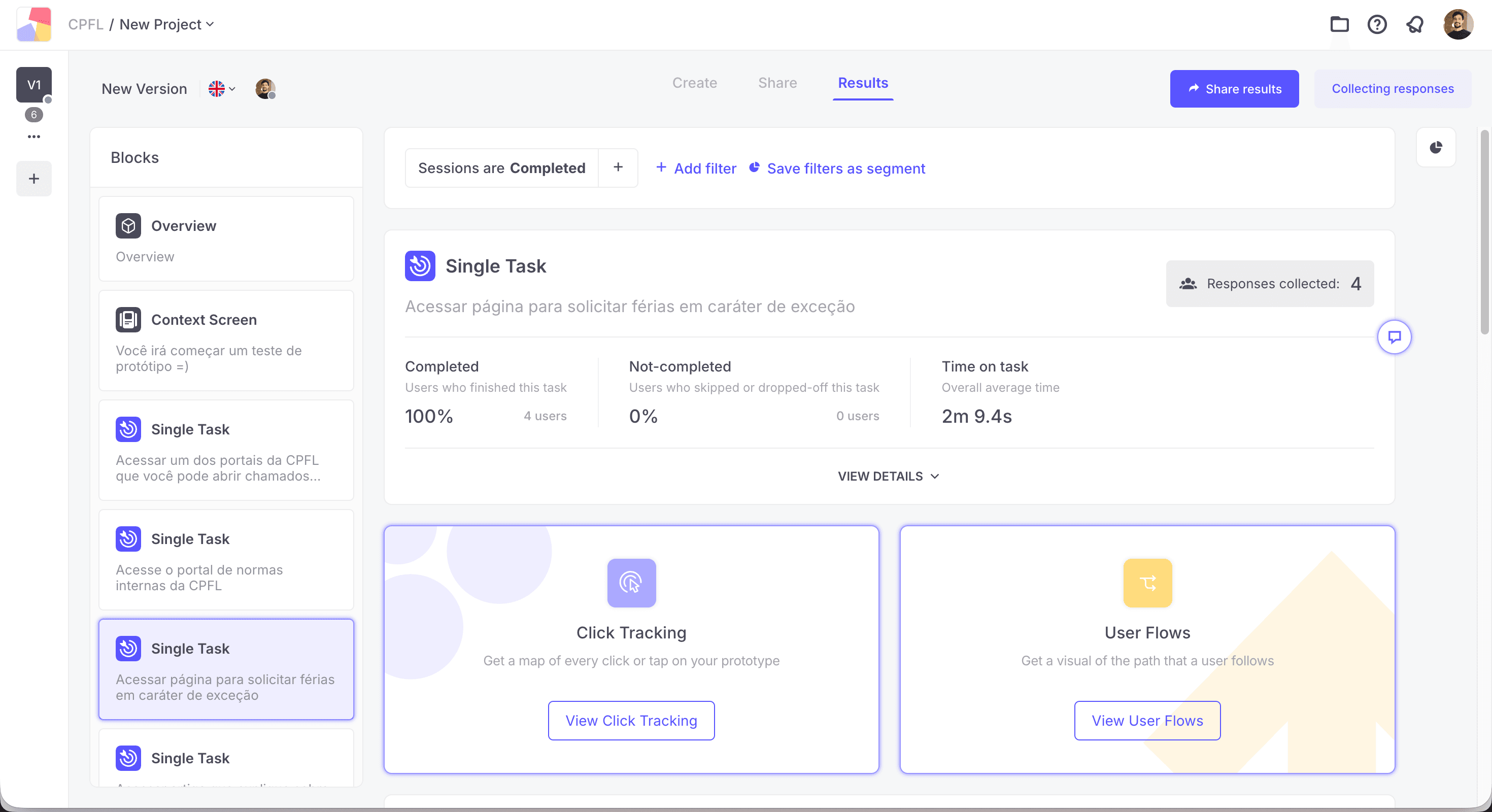 Usability test model with 4 users and 7 tasks